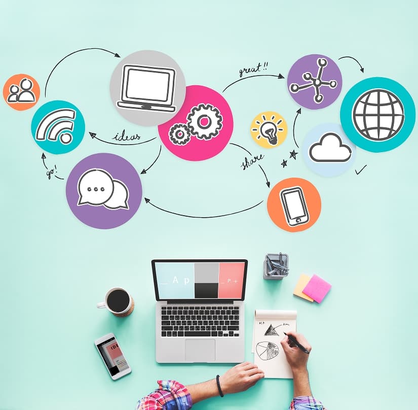 Vue en plongée d'un espace de travail sur fond turquoise avec mains dessinant, ordinateur portable, smartphone, café et illustrations conceptuelles au-dessus montrant un flux de travail digital avec des icônes interconnectées (personnes, wifi, ordinateur, engrenages, ampoule, téléphone, réseau et globe).